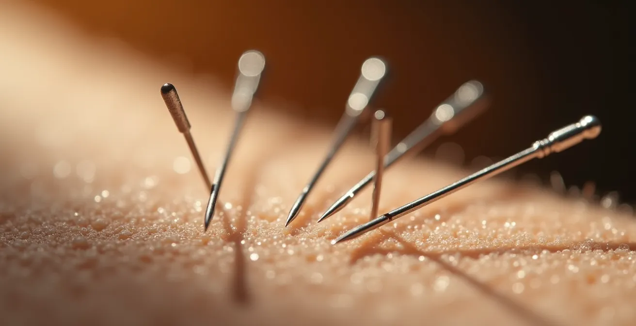 Vue macro extrême d'aiguilles d'acupuncture sur une surface texturée évoquant la peau