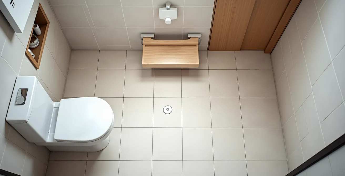 Vue aérienne d'une petite salle de bain PMR avec mobilier suspendu et espace de rotation central