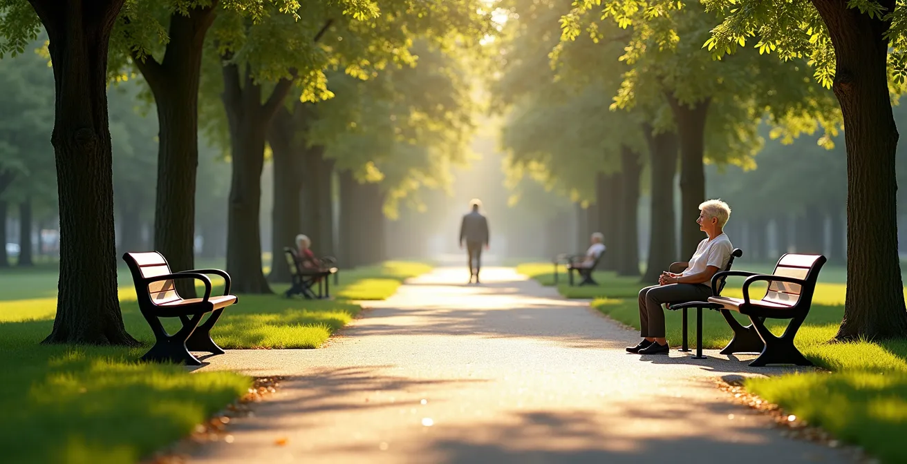 Vue d'une allée de parc avec trois bancs espacés régulièrement le long du chemin