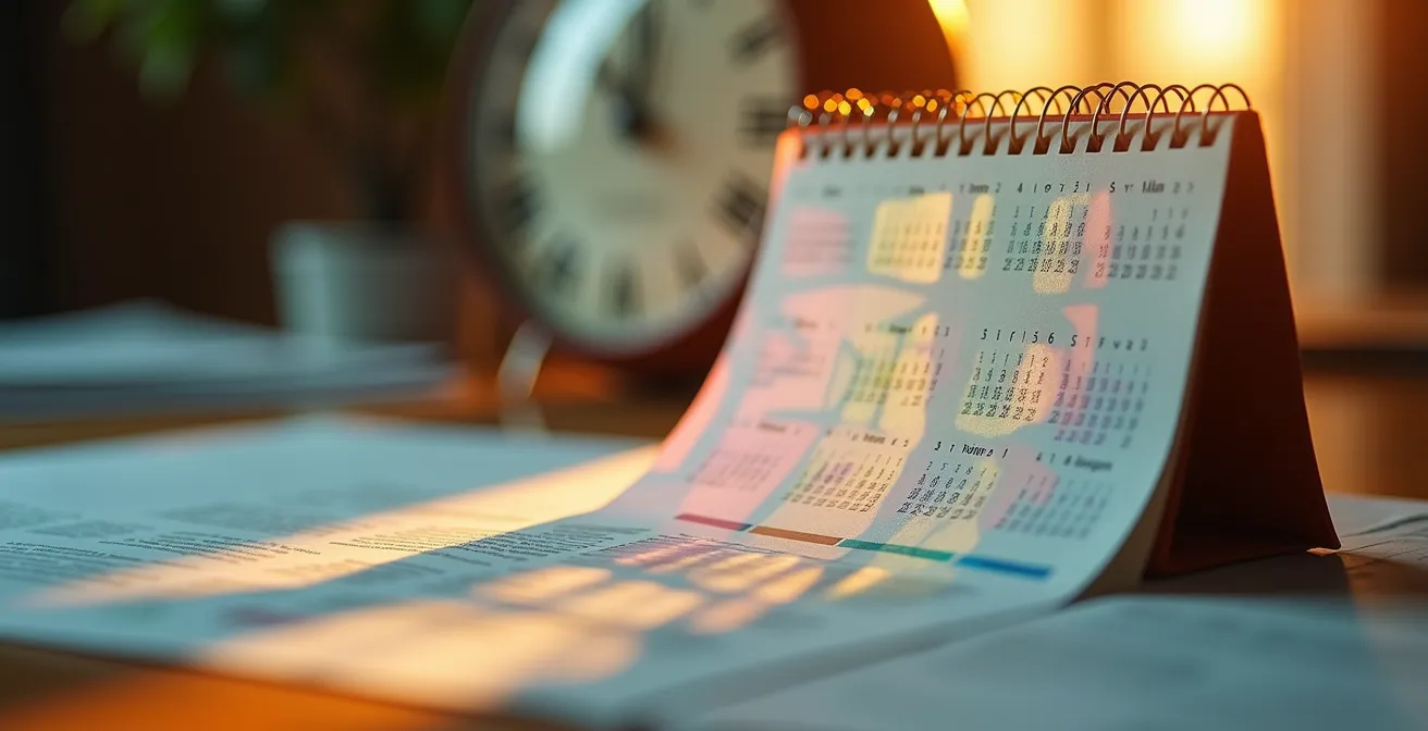 Calendrier avec marqueurs colorés illustrant les délais de carence d'une mutuelle senior