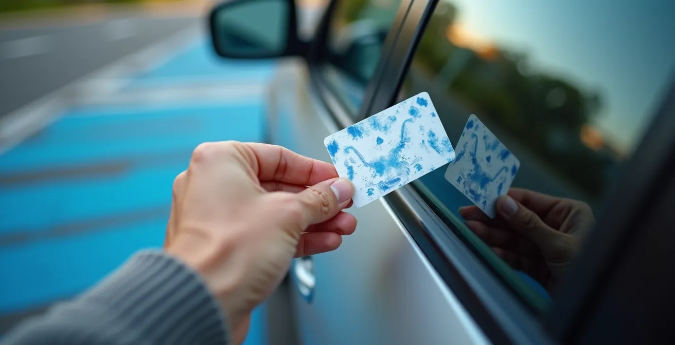Main âgée plaçant une carte CMI derrière le pare-brise d'une voiture sur une place handicapée
