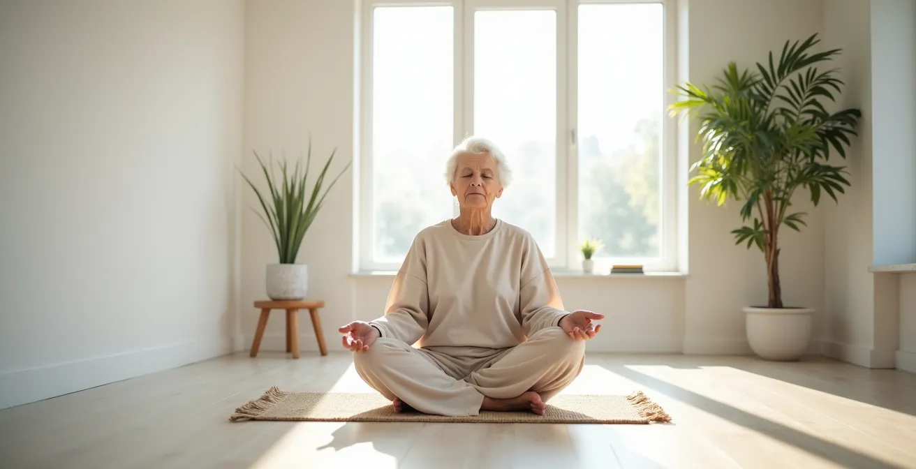 Personne âgée en position de méditation dans un environnement apaisant