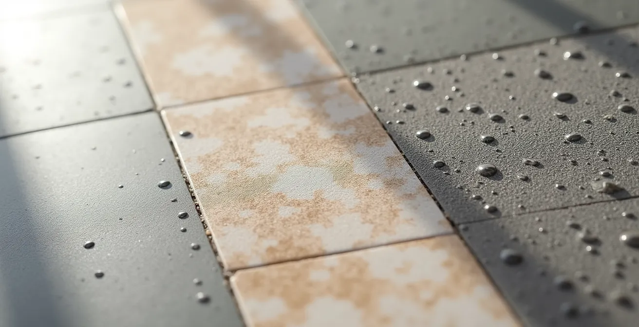 Gros plan sur différentes textures de carrelages antidérapants avec indices R10, R11 et PN12