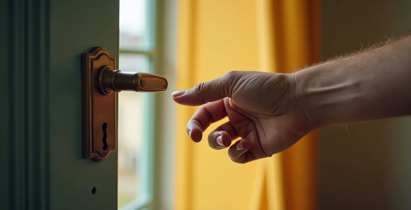 Gros plan sur un encadrement de porte contrasté avec une main âgée sur la poignée