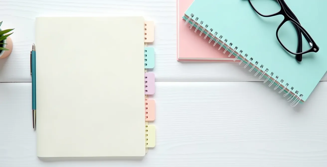 Vue aérienne minimaliste d'un bureau organisé avec des documents médicaux soigneusement classés et un carnet de suivi