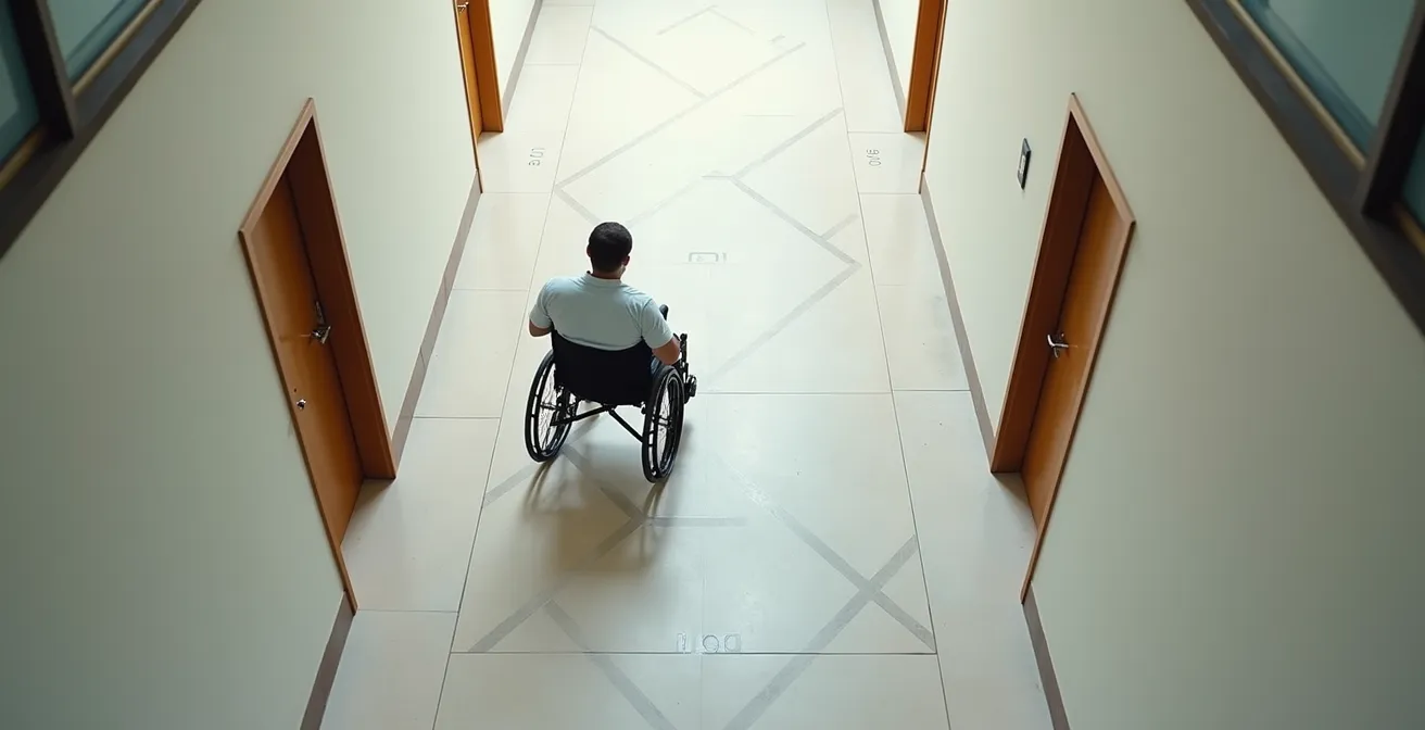 Vue aérienne d'un couloir avec marquages au sol montrant les dimensions d'accessibilité