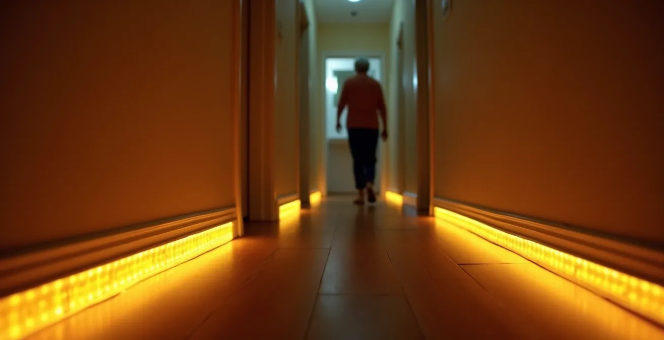 Couloir nocturne avec bande LED ambrée au sol créant un chemin lumineux doux et sécurisant