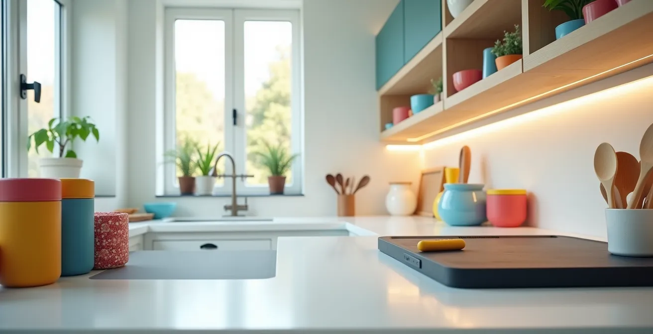 Cuisine lumineuse avec marquages contrastés et éclairage direct sur plan de travail