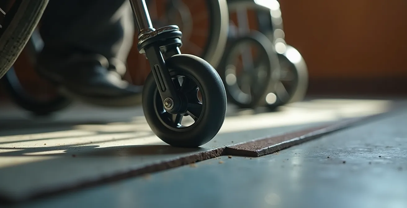 Vue rapprochée des roues avant d'un déambulateur buttant contre un seuil de 2cm
