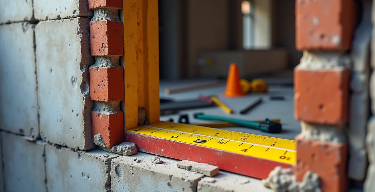 Vue en coupe d'un mur avec linteau IPN installé et répartition des charges structurelles visibles
