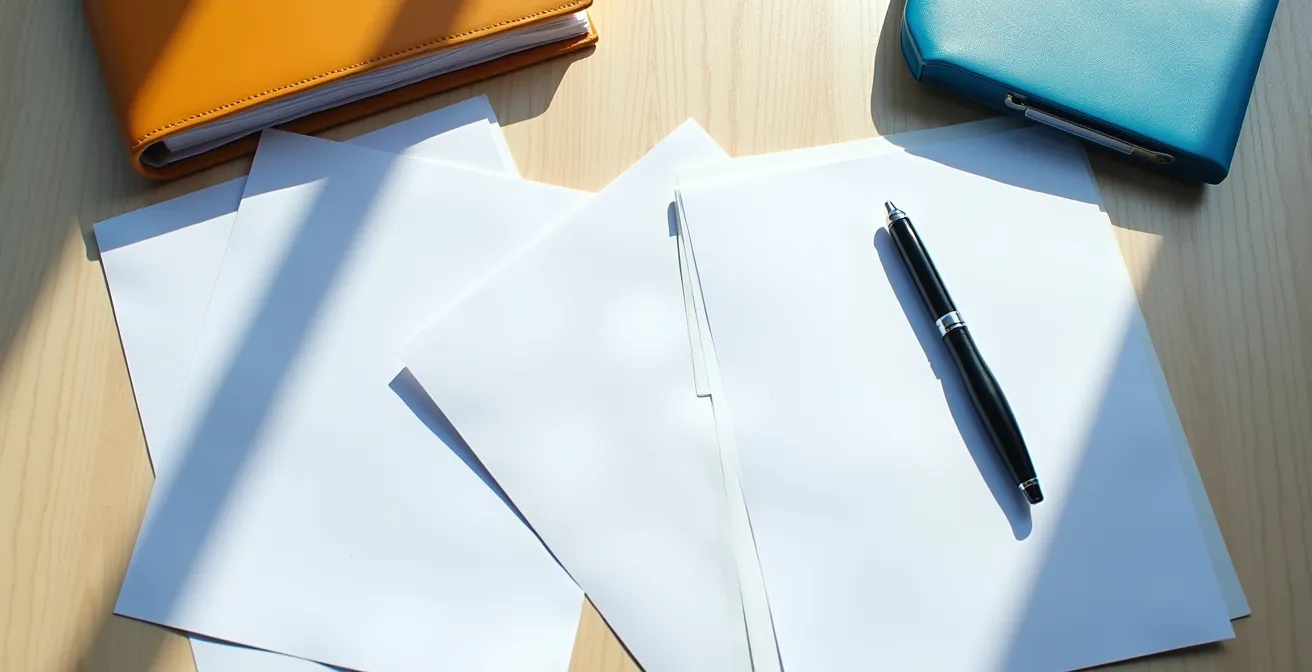 Bureau organisé avec documents administratifs et formulaires pour demande MDPH, vue de dessus avec éclairage naturel