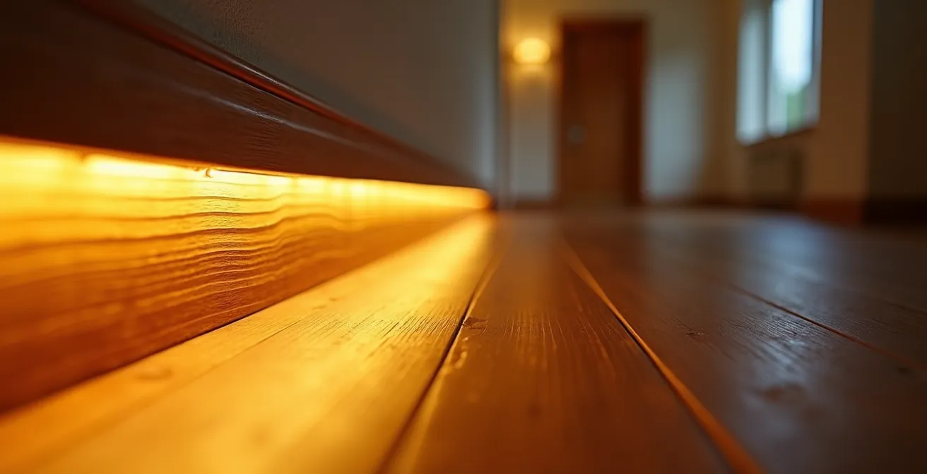 Couloir avec éclairage LED indirect au sol créant un chemin lumineux sécurisé