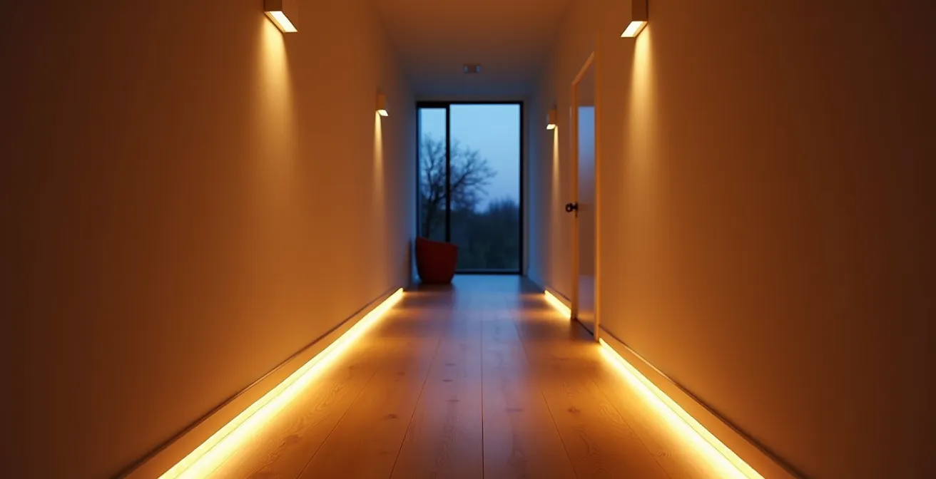 Couloir équipé d'un éclairage indirect avec plinthes LED créant un chemin lumineux sécurisé