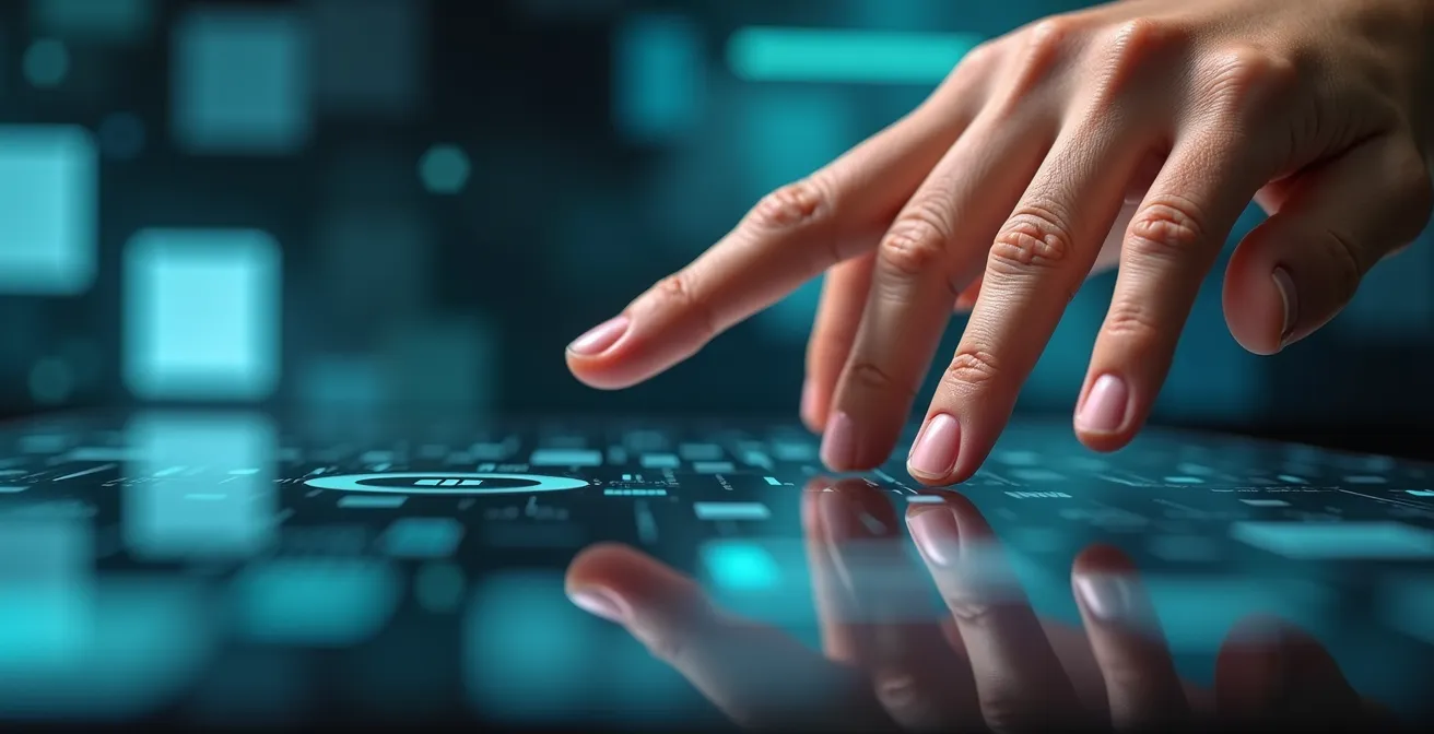 Gros plan sur des mains âgées naviguant sur une interface simplifiée avec des icônes claires et colorées