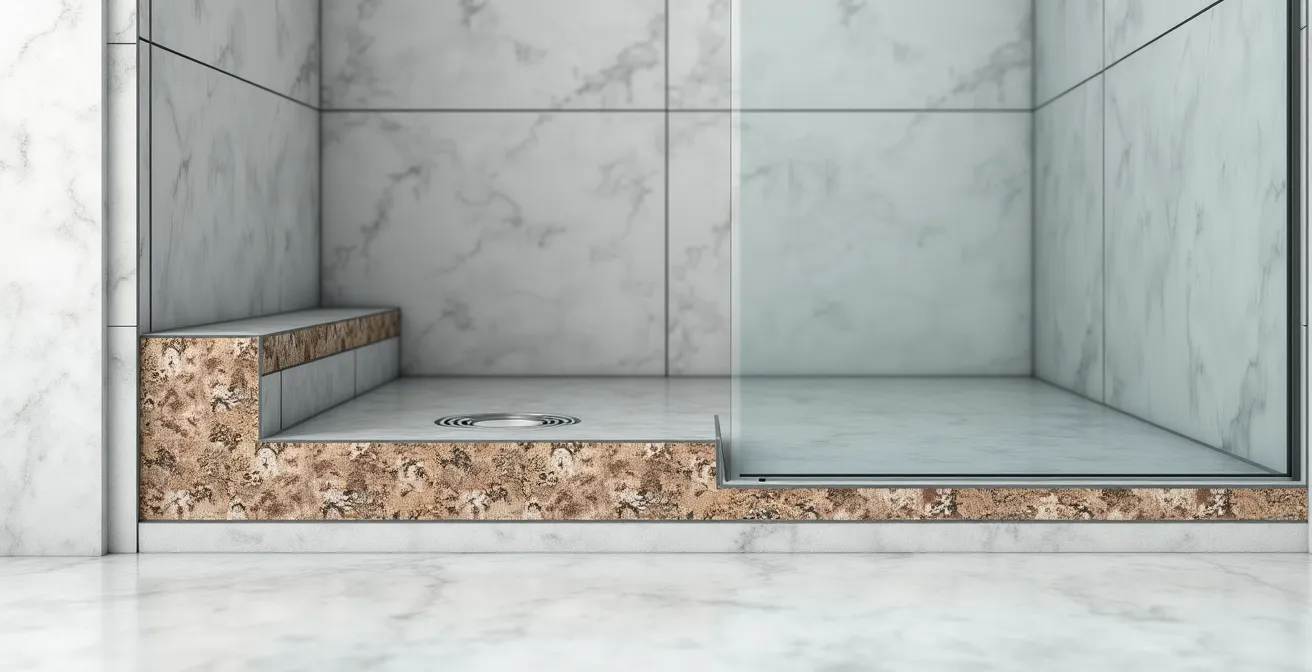 Vue en coupe d'une douche à l'italienne montrant les différentes couches d'étanchéité