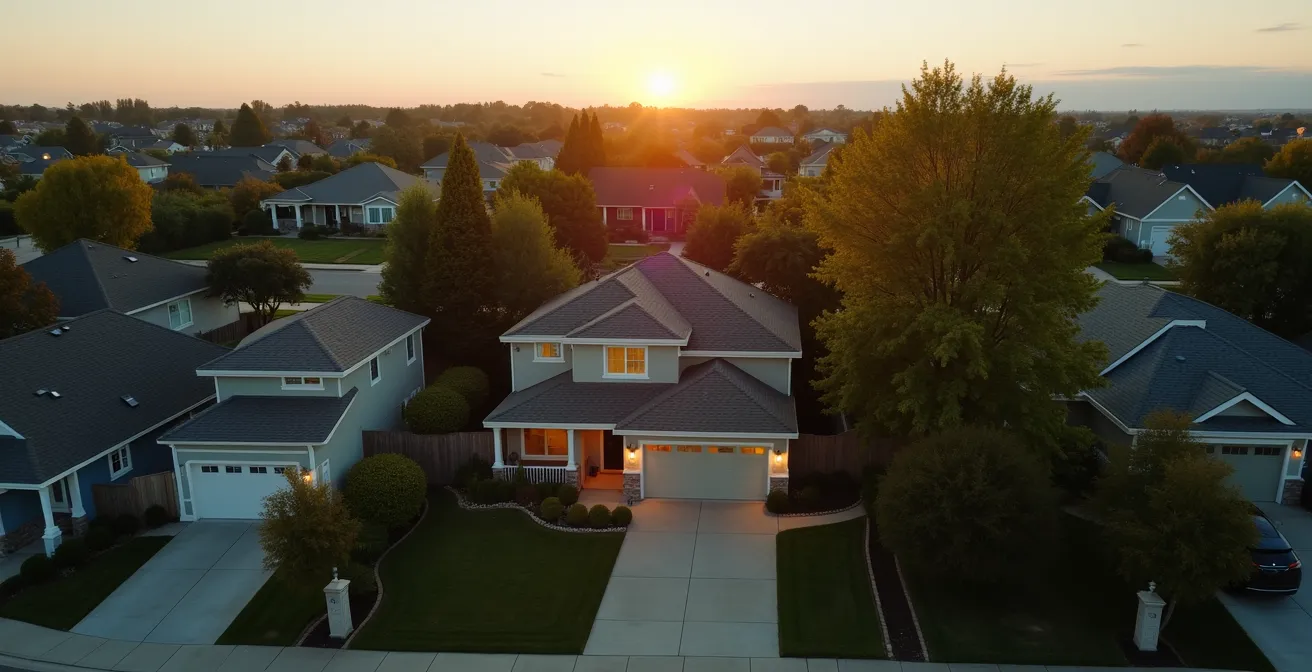 Vue aérienne d'une maison familiale avec jardin entourée d'un quartier résidentiel paisible