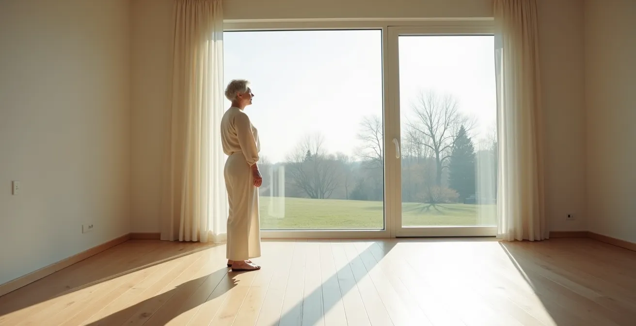 Femme senior contemplative devant une fenêtre dans un salon lumineux, exprimant l'ennui de la retraite
