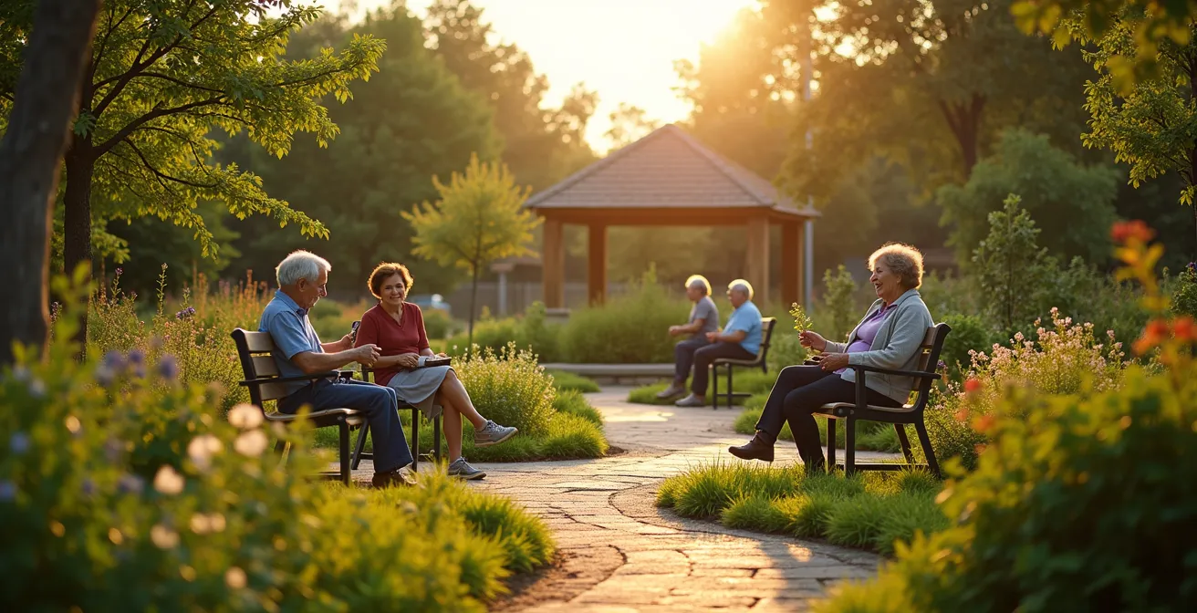 Seniors partageant un moment convivial dans un jardin ensoleillé