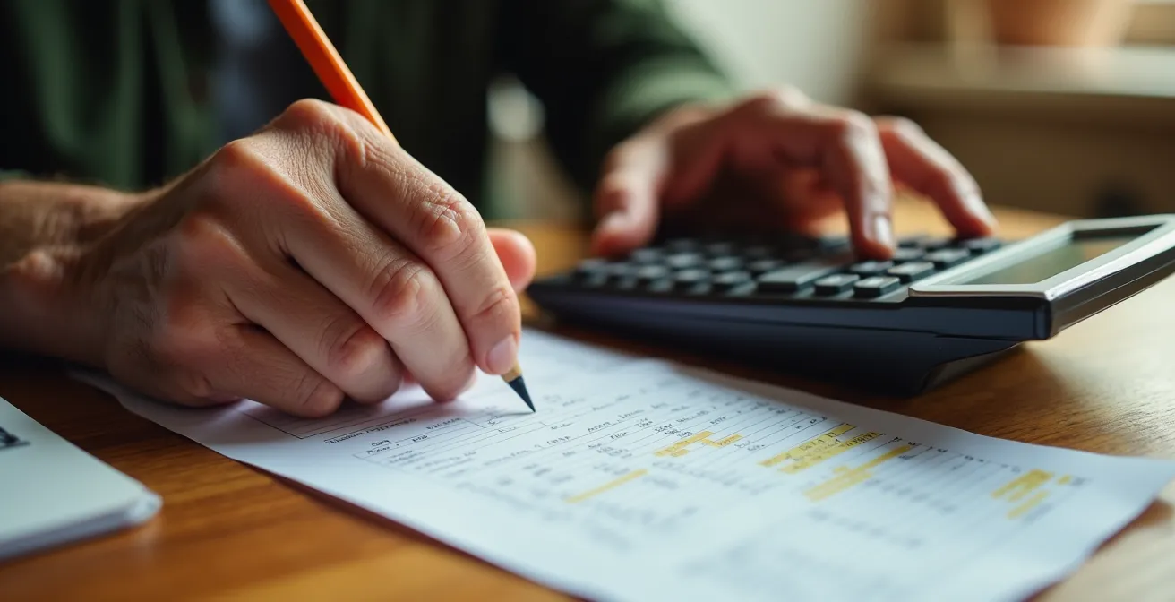 Mains de personne senior travaillant sur un budget avec calculatrice et documents sur table en bois