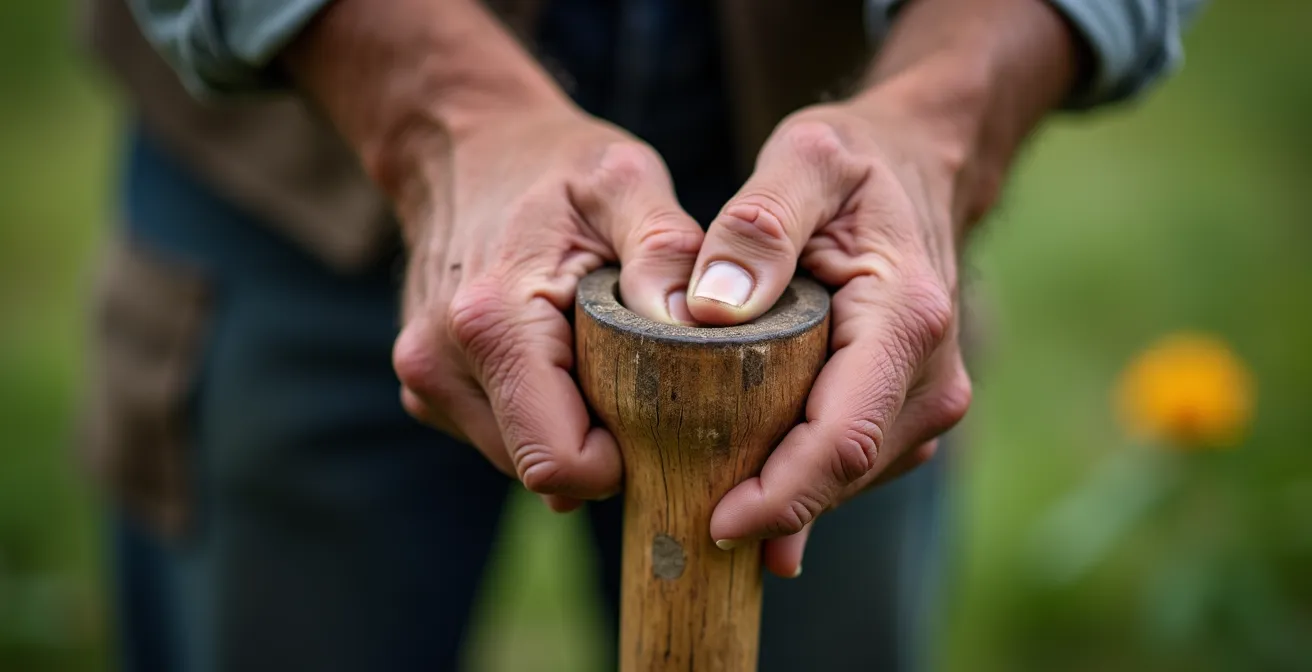 Gros plan sur des mains âgées manipulant avec dextérité un outil de jardinage