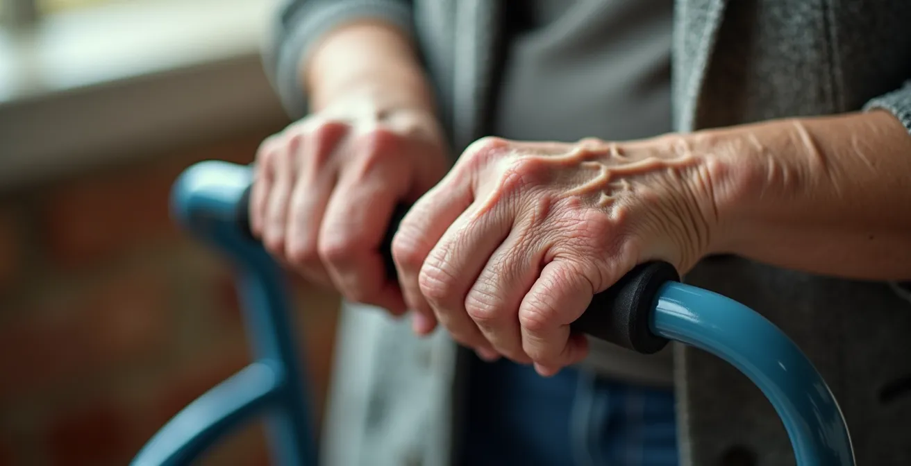 Gros plan sur des mains âgées actionnant les freins ergonomiques d'un rollator