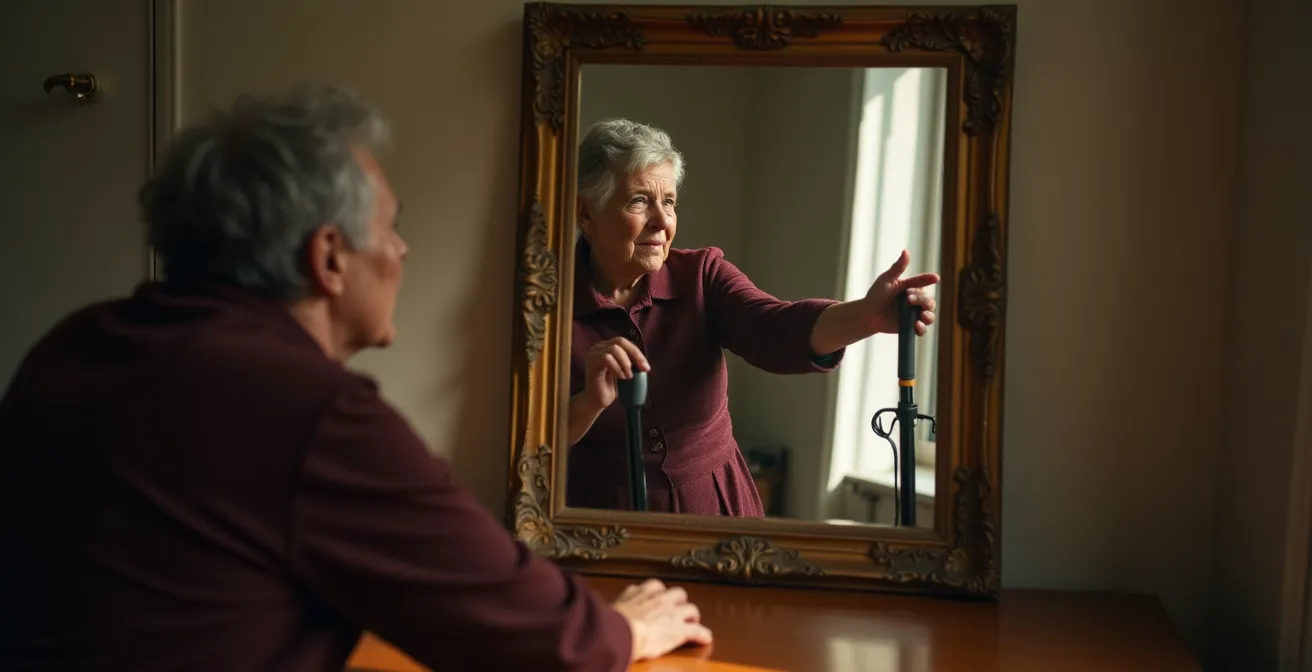 Reflet symbolique d'une personne âgée tenant une canne de marche