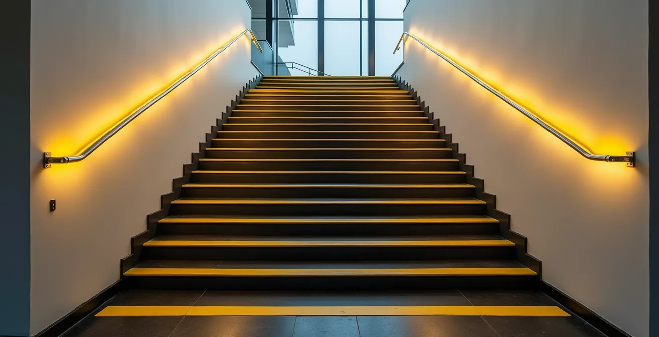 Escalier avec nez de marche contrastés jaune vif sur marches sombres et éclairage latéral