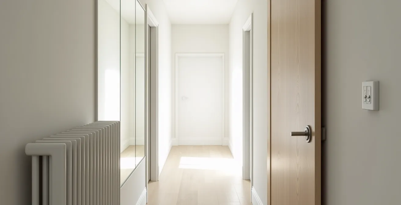 Couloir moderne épuré avec radiateur vertical et miroir pleine hauteur créant une sensation d'espace