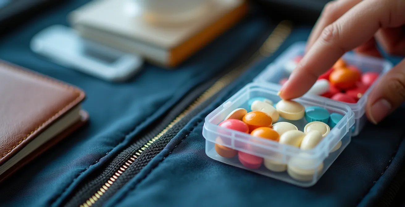 Vue macro de documents médicaux organisés dans une pochette de voyage transparente