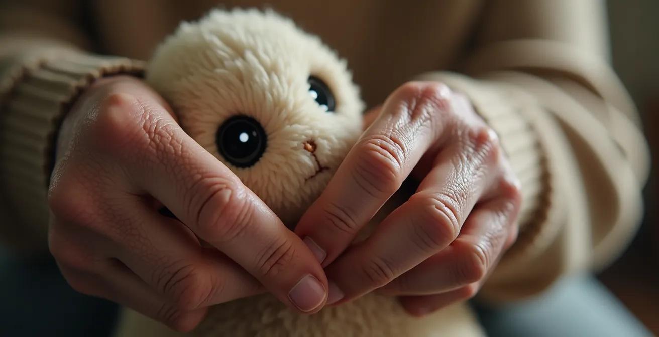 Gros plan sur des mains âgées caressant doucement une peluche robotique aux textures douces