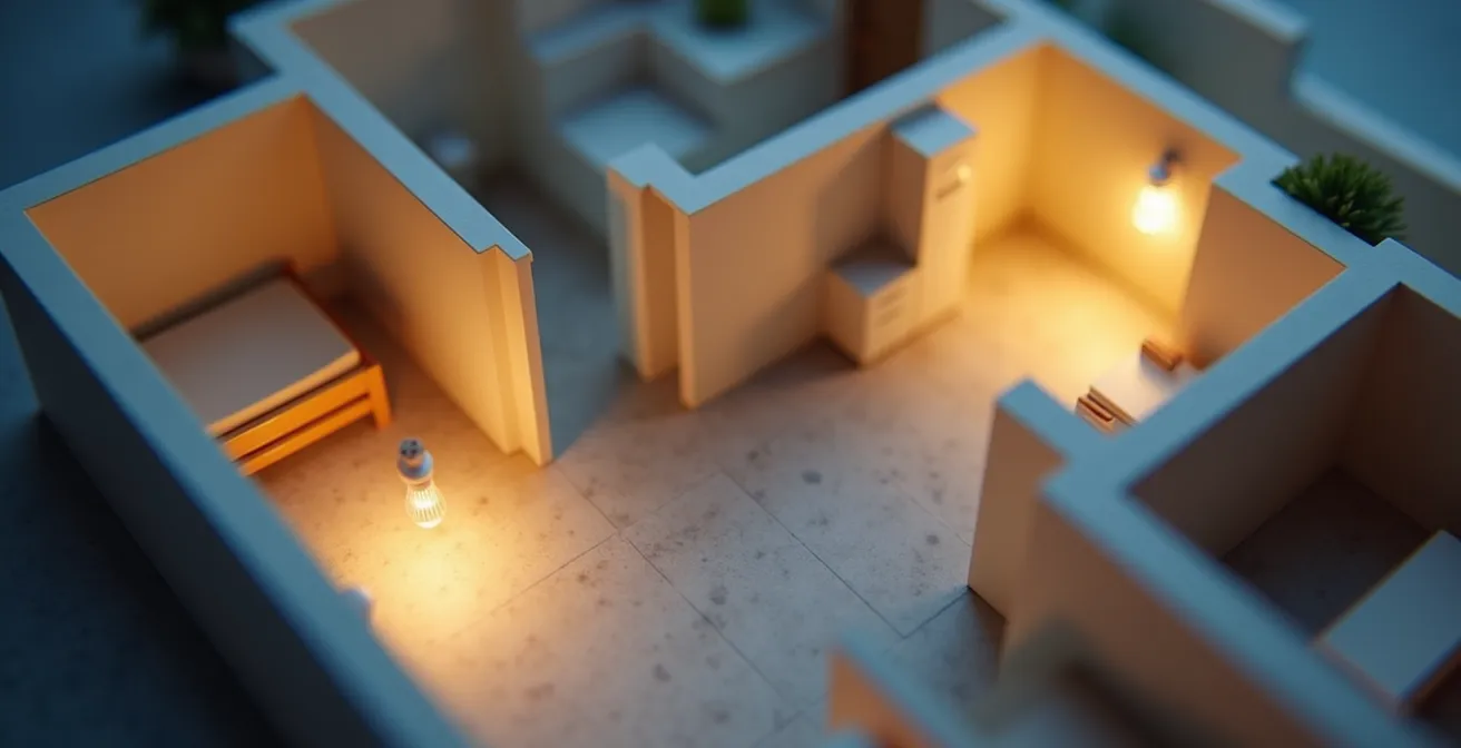 Vue aérienne d'un plan d'appartement avec zones stratégiques de placement des capteurs marquées par des points lumineux