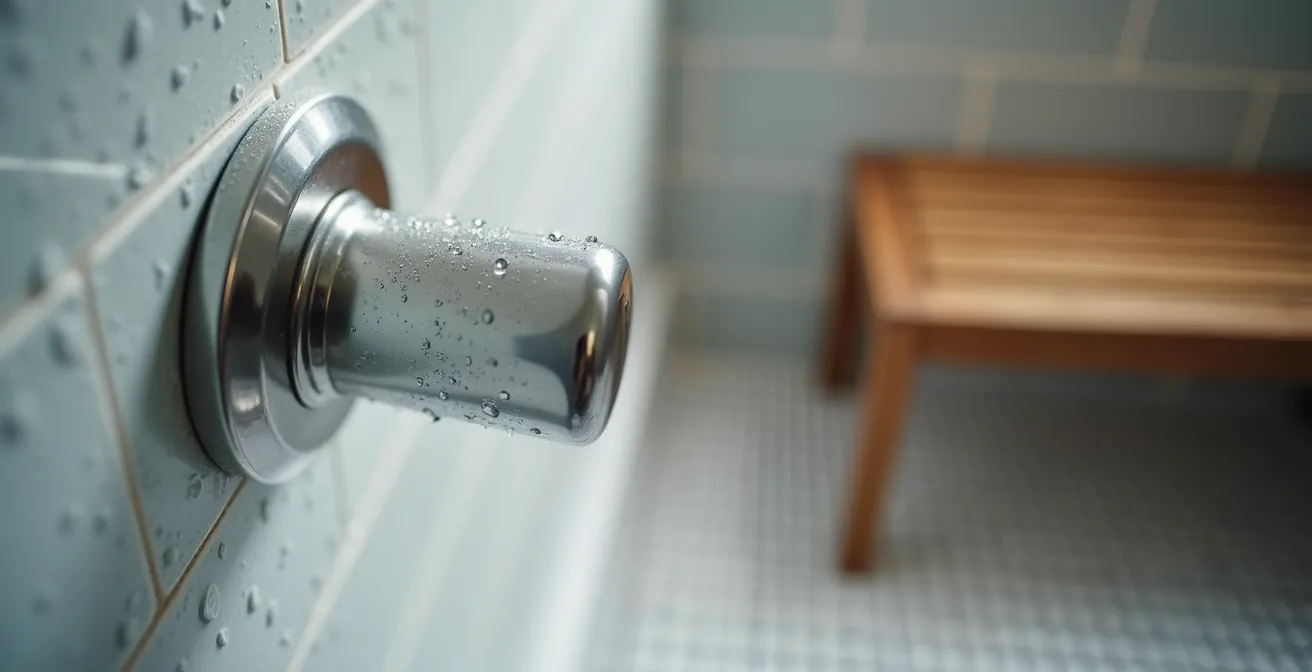 Vue détaillée d'une salle de bain moderne adaptée aux seniors avec douche à l'italienne et barres d'appui design