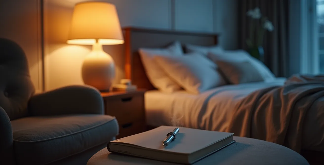 Ambiance apaisante d'une chambre avec diffuseur d'huiles essentielles et lumière tamisée