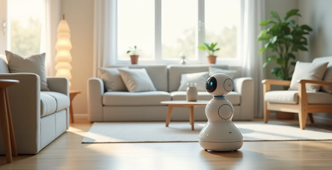 Un robot assistant discret dans un salon épuré de senior, baigné de lumière naturelle