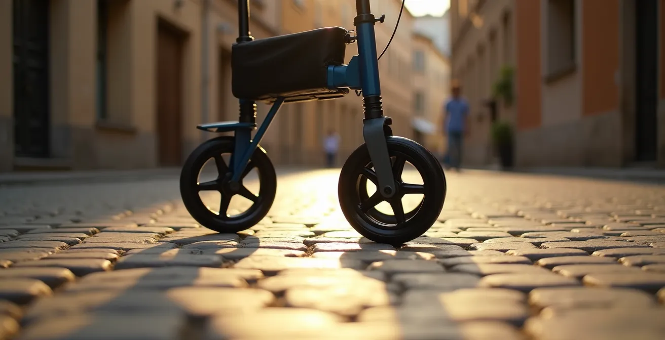 Roues de rollator sur pavés montrant l'absorption des chocs
