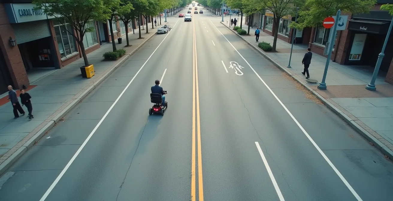 Vue aérienne d’un scooter PMR circulant respectueusement sur un trottoir large en ville