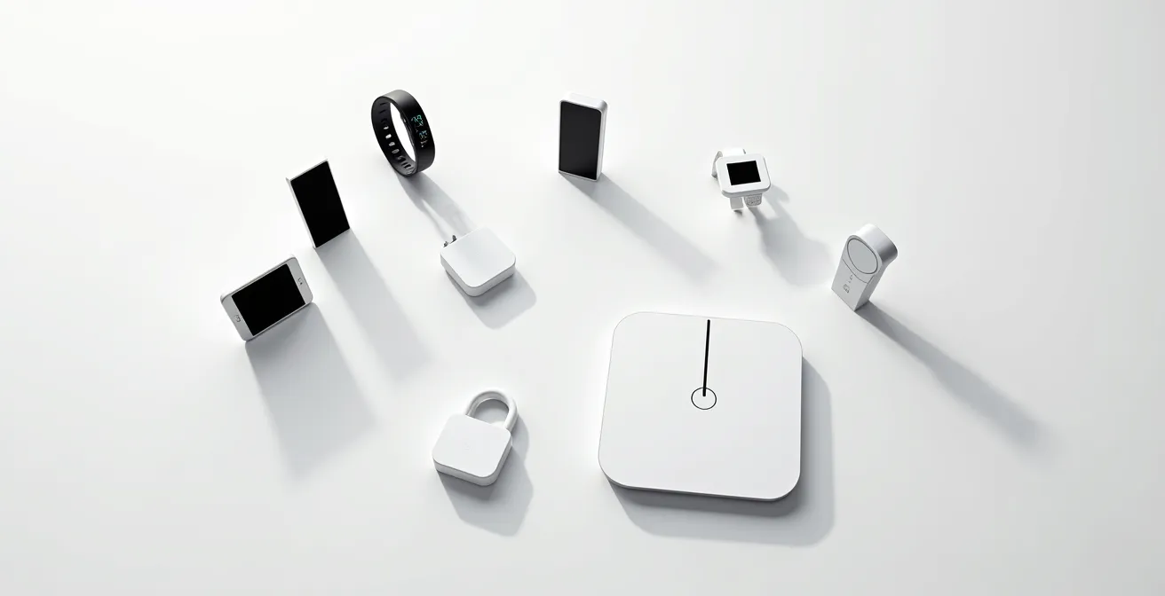 Vue aérienne minimaliste d'objets connectés disposés sur une surface avec ombres douces suggérant la protection des données