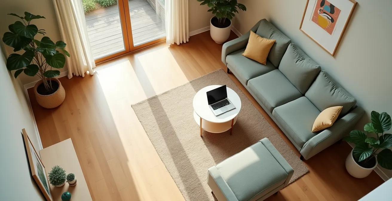 Vue aérienne minimaliste d'un espace de vie senior moderne et sécurisé, symbolisant la protection des données
