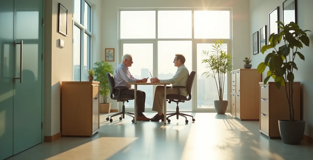 Personne âgée en consultation avec une conseillère dans un bureau lumineux du CLIC