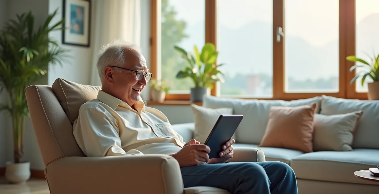 Personne âgée en appel vidéo avec sa famille depuis son salon