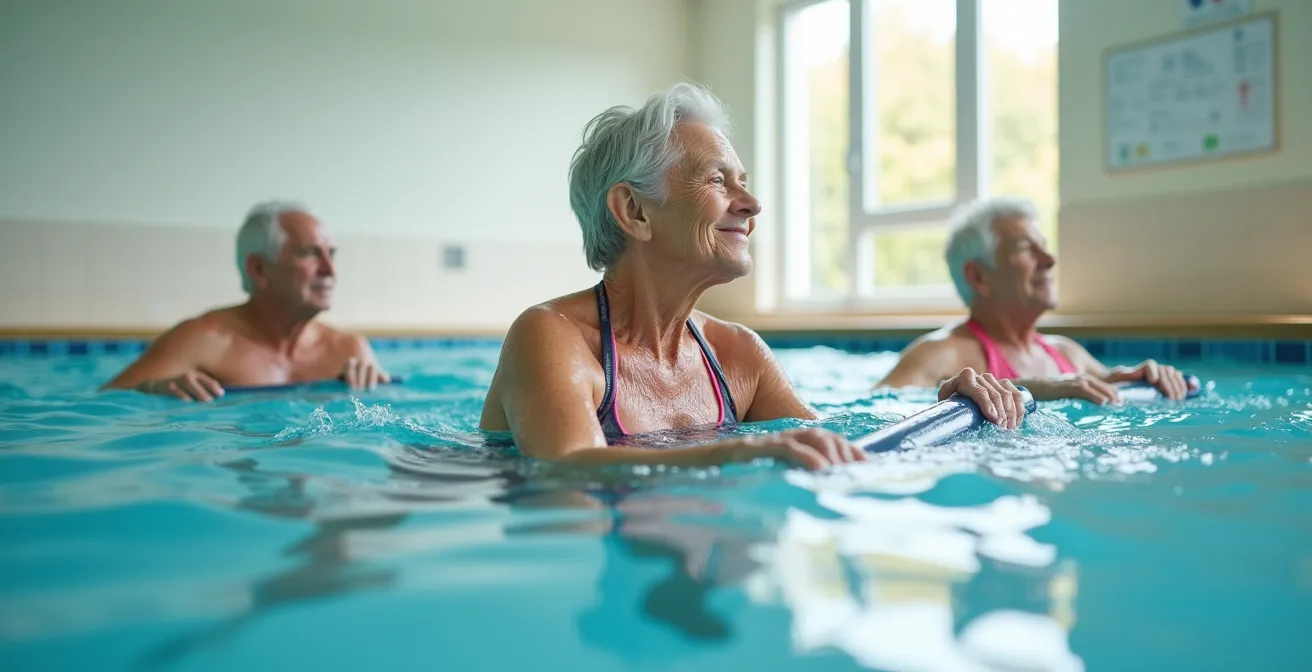 Groupe de seniors pratiquant l'aquagym dans une piscine lumineuse