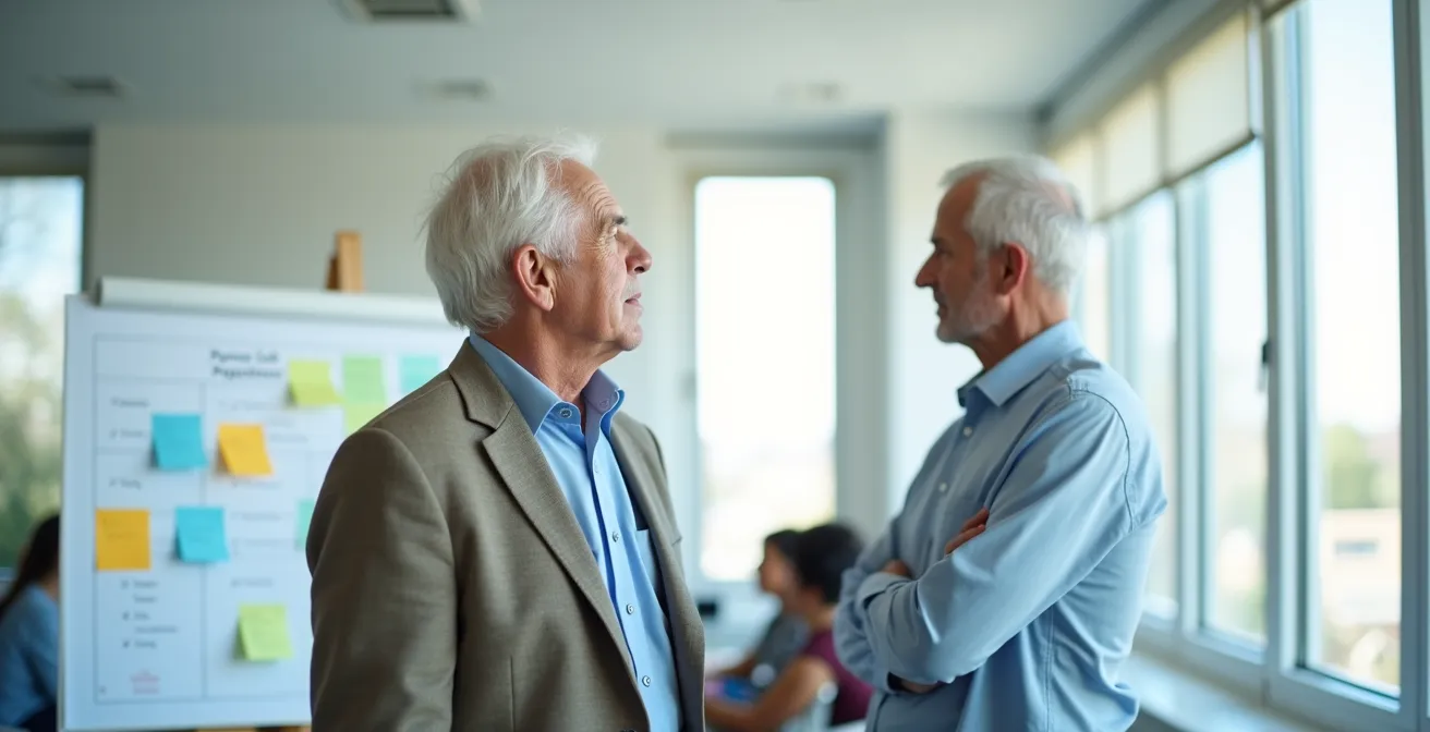 Senior en réunion associative gérant son temps d'engagement