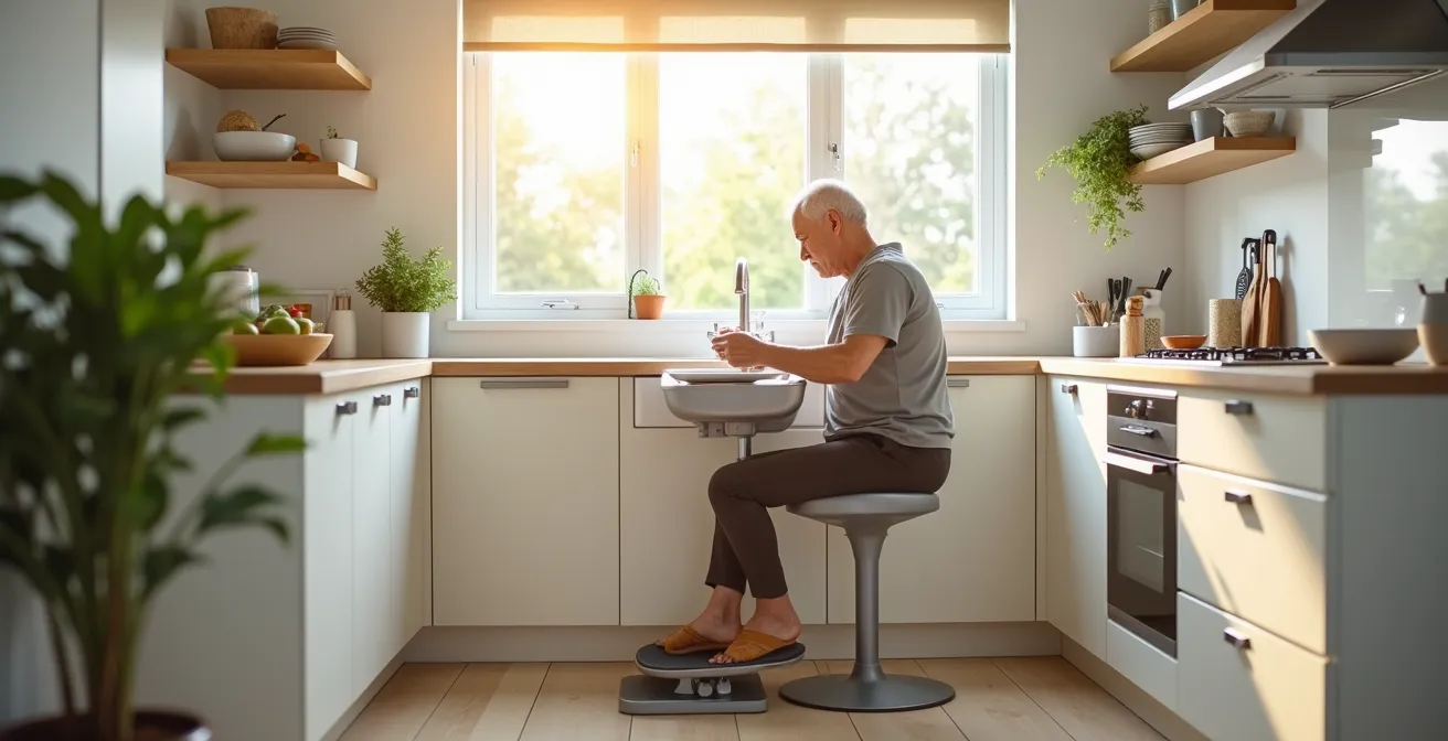 Personne âgée lavant la vaisselle assise sur un tabouret haut adapté dans une cuisine lumineuse