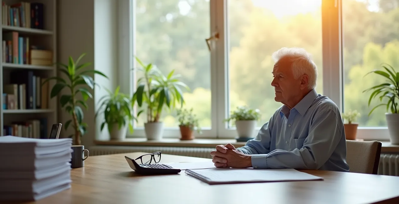Personne âgée consultant des documents d'aide sociale avec sérénité