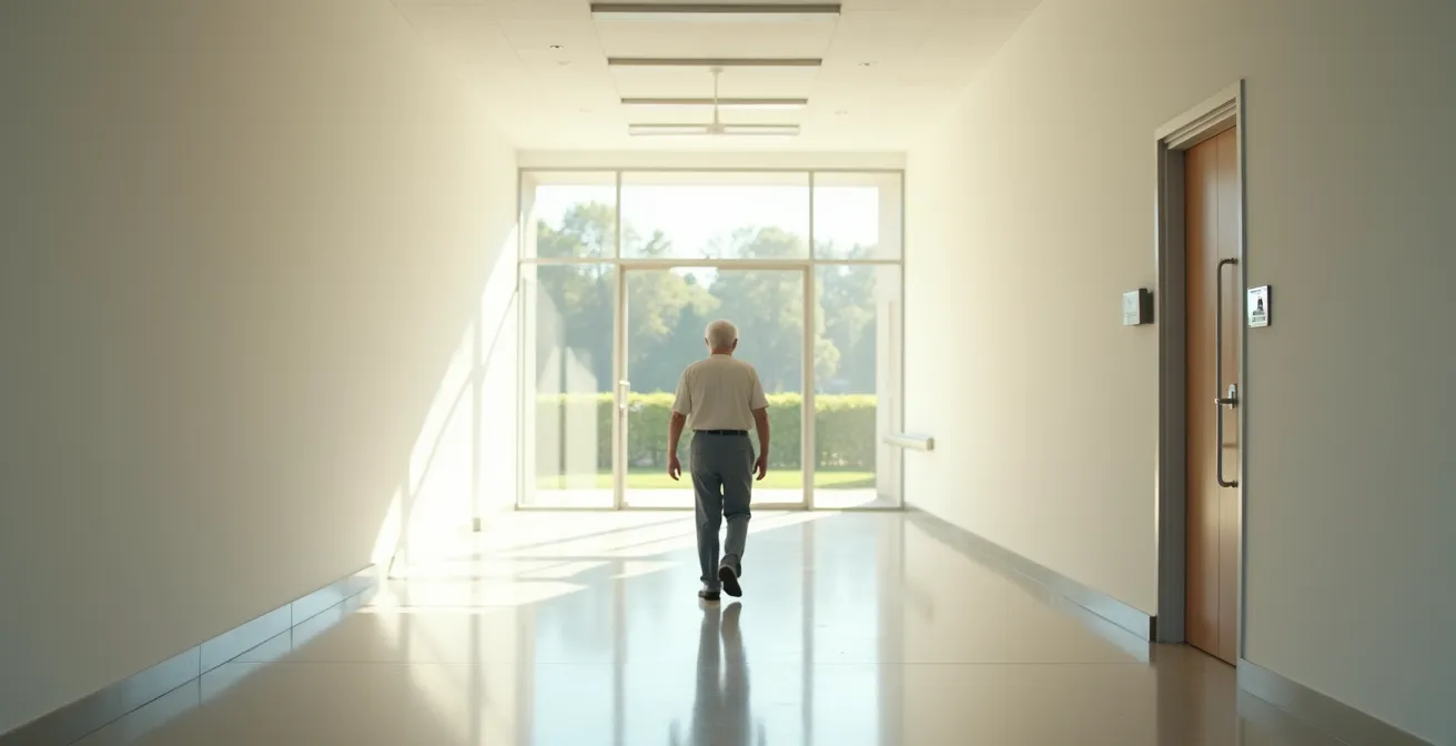 Vue grand angle d'un couloir lumineux avec une personne âgée marchant sereinement
