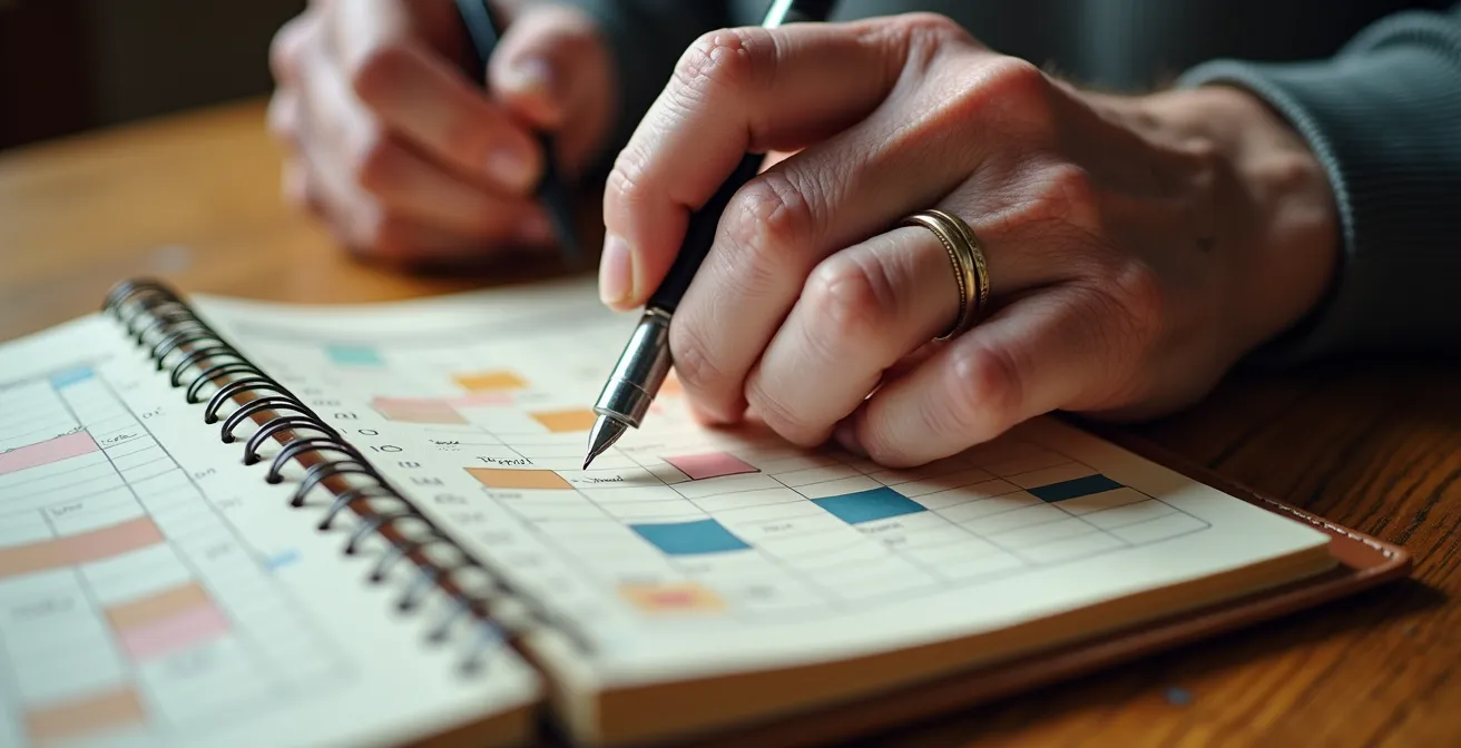 Senior organisant son planning d'activités bénévoles de manière équilibrée