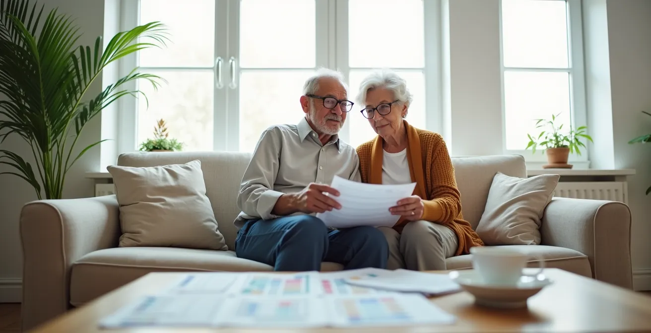 Couple de seniors assis ensemble examinant des papiers avec sérénité dans un salon lumineux