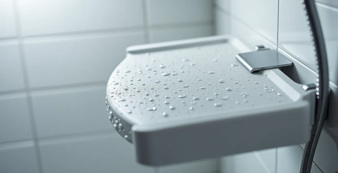 Siège de douche rabattable ergonomique avec accoudoirs dans une douche adaptée