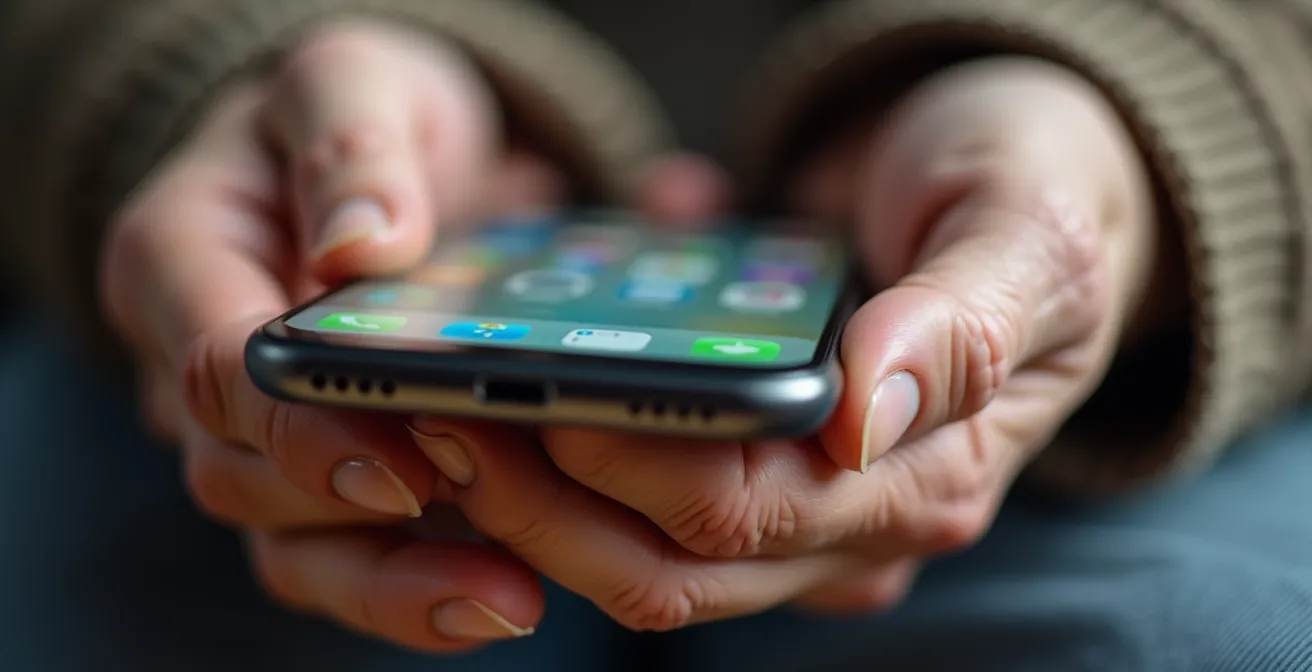 Gros plan macro sur les mains d'une personne âgée utilisant un smartphone avec une interface simplifiée