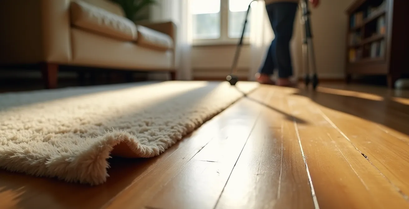 Vue rapprochée d'un coin de tapis relevé créant un danger de trébuchement dans un salon